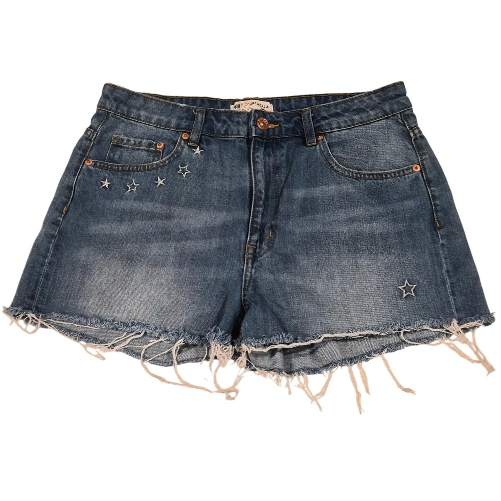 HM Coachella Star Embroidered Denim Shorts Daydreamer Raw Hem Blue Womens 12